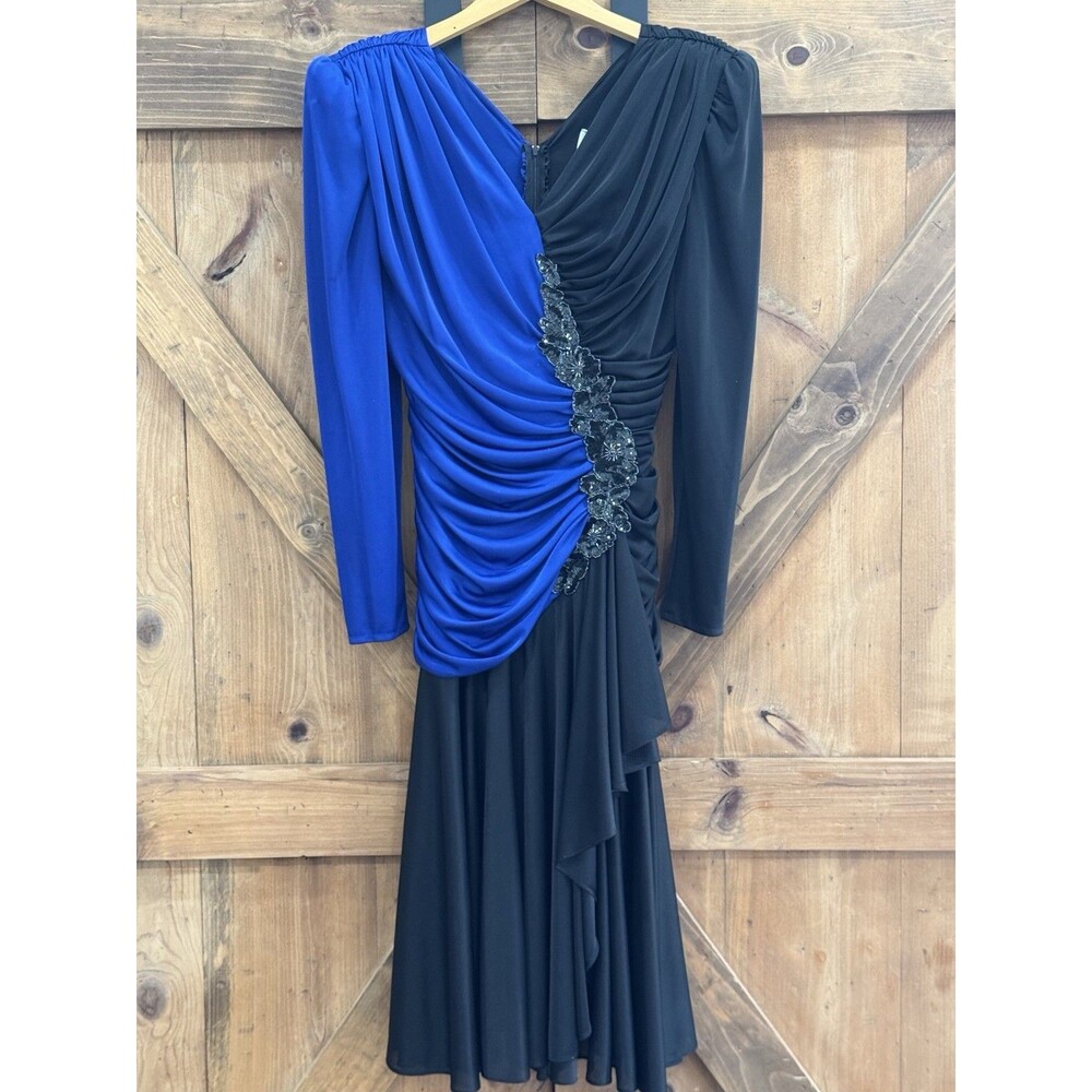 Vintage 80s Filigree LTD Collection Indigo Blue Black Ruched Dress Sz 10 Evening